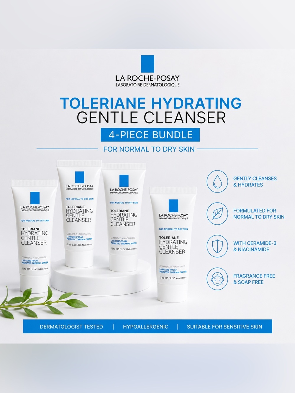 La Roche-Posay Toleriane Hydrating Gentle Cleanser Travel Size Bundle x4 15ml